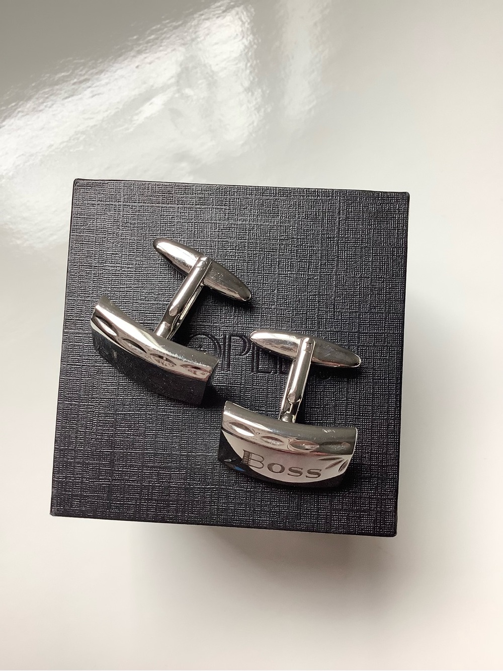 Boss Silver Rectangular Engraved Cufflinks - Picture 3 of 8